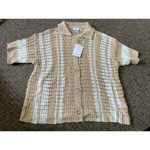 Emory Park Button-Up Striped Crochet Womens Large Top Tan New With Tags